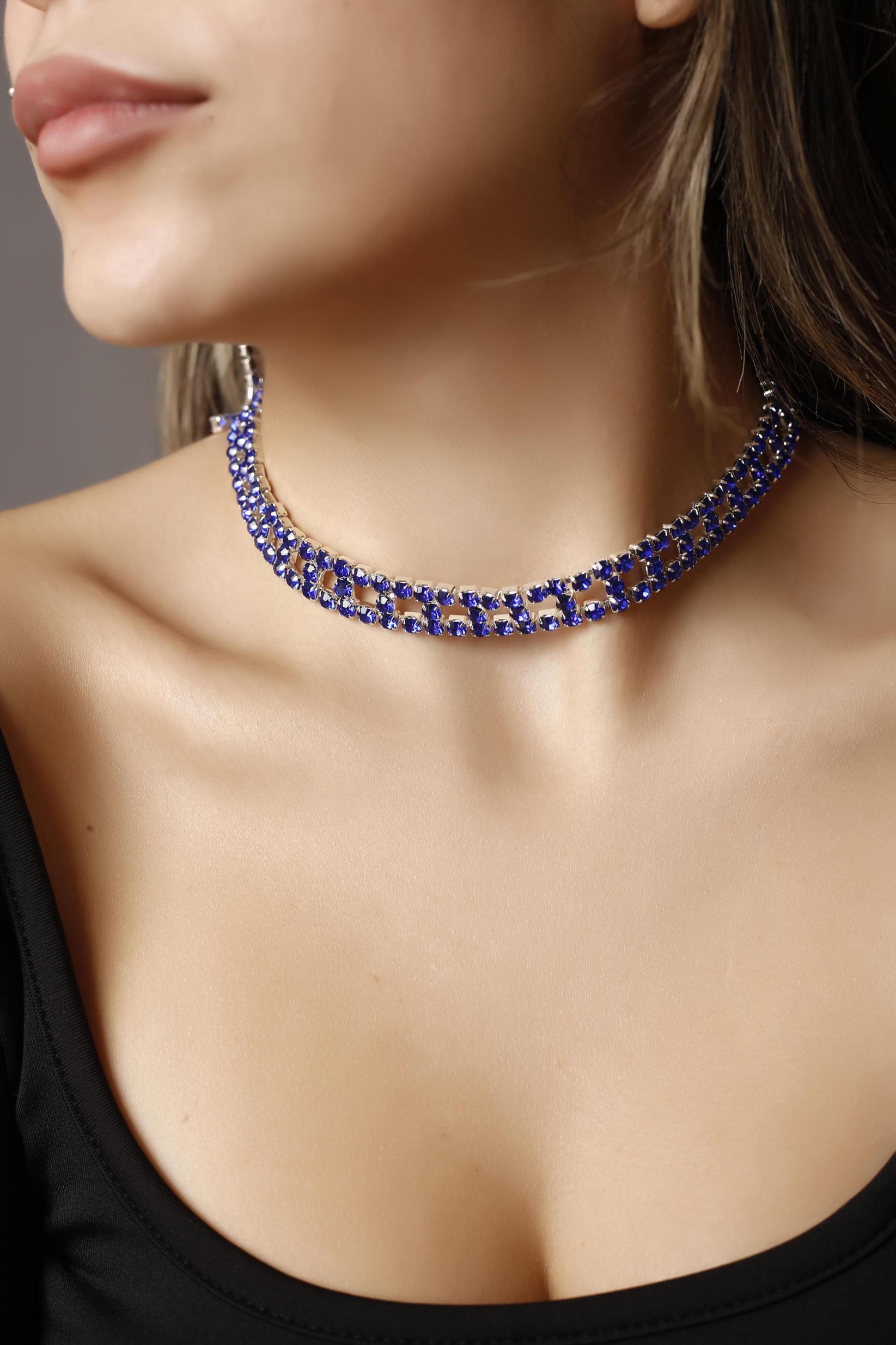 Stylish%20Tasarım%20Mavi%20Taşlı%20Kristal%20Choker%20Kolye%20Pırlanta%20Gibi%20Kolye,%20Davet%20Kolye